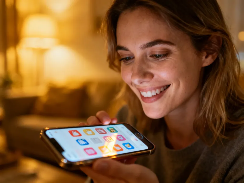 Uśmiechnięta kobieta przeglądająca aplikację zakupową na smartfonie w przytulnym salonie.