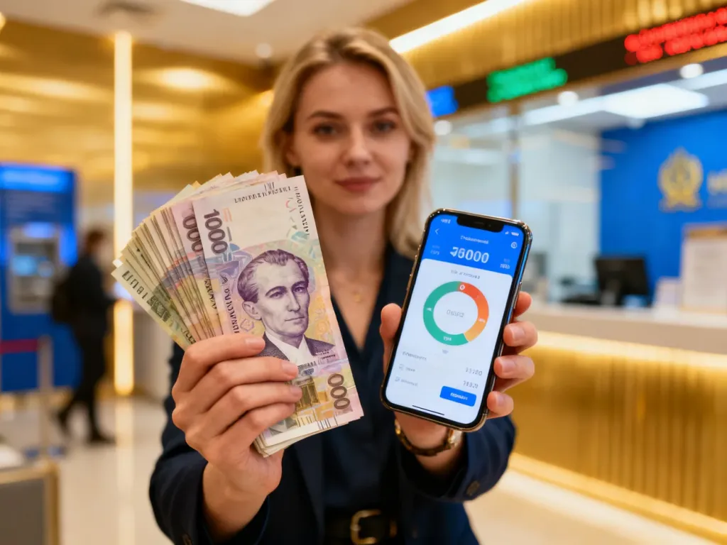 Kobieta trzymająca w dłoniach hrywny oraz smartfon z aplikacją do przeliczania walut w kantorze.