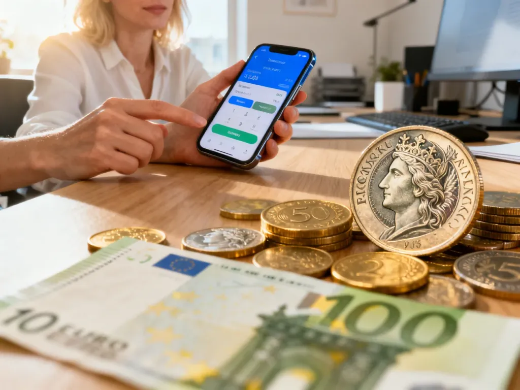 Kobieta używająca aplikacji do przeliczania walut na smartfonie, z widocznymi w tle banknotami euro i monetami złotego.