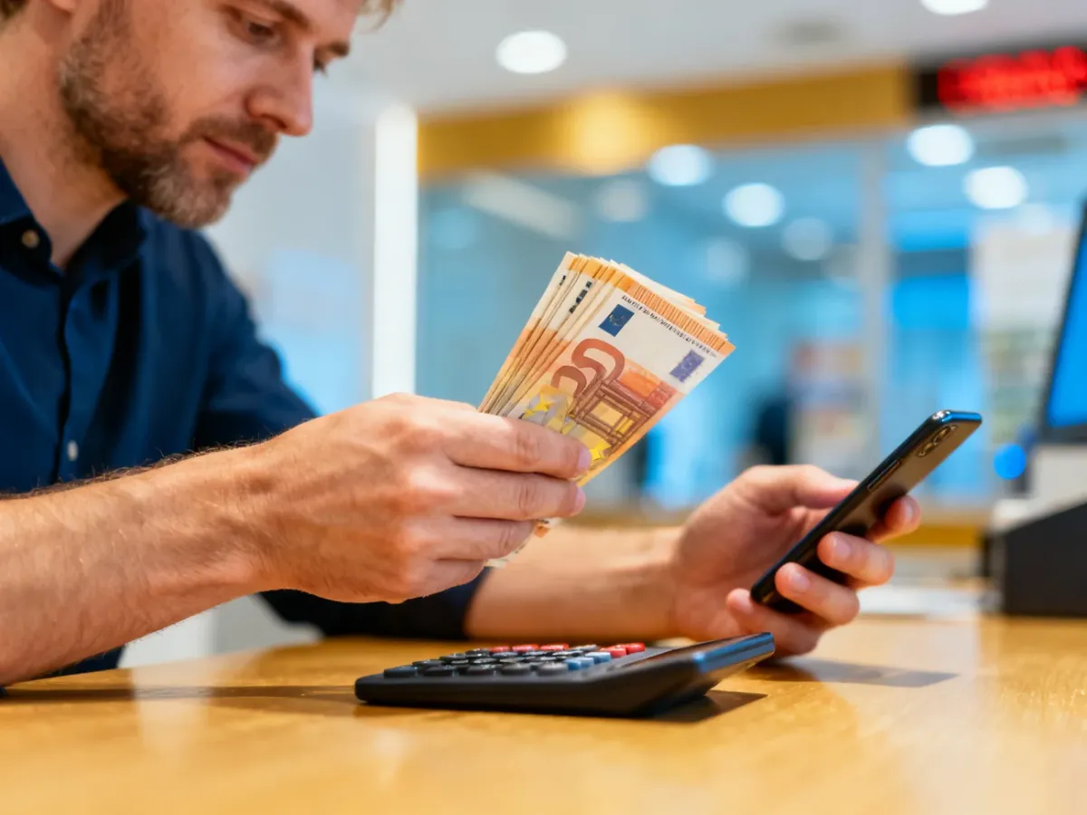 Mężczyzna przelicza plik banknotów euro za pomocą smartfona w nowoczesnym kantorze.