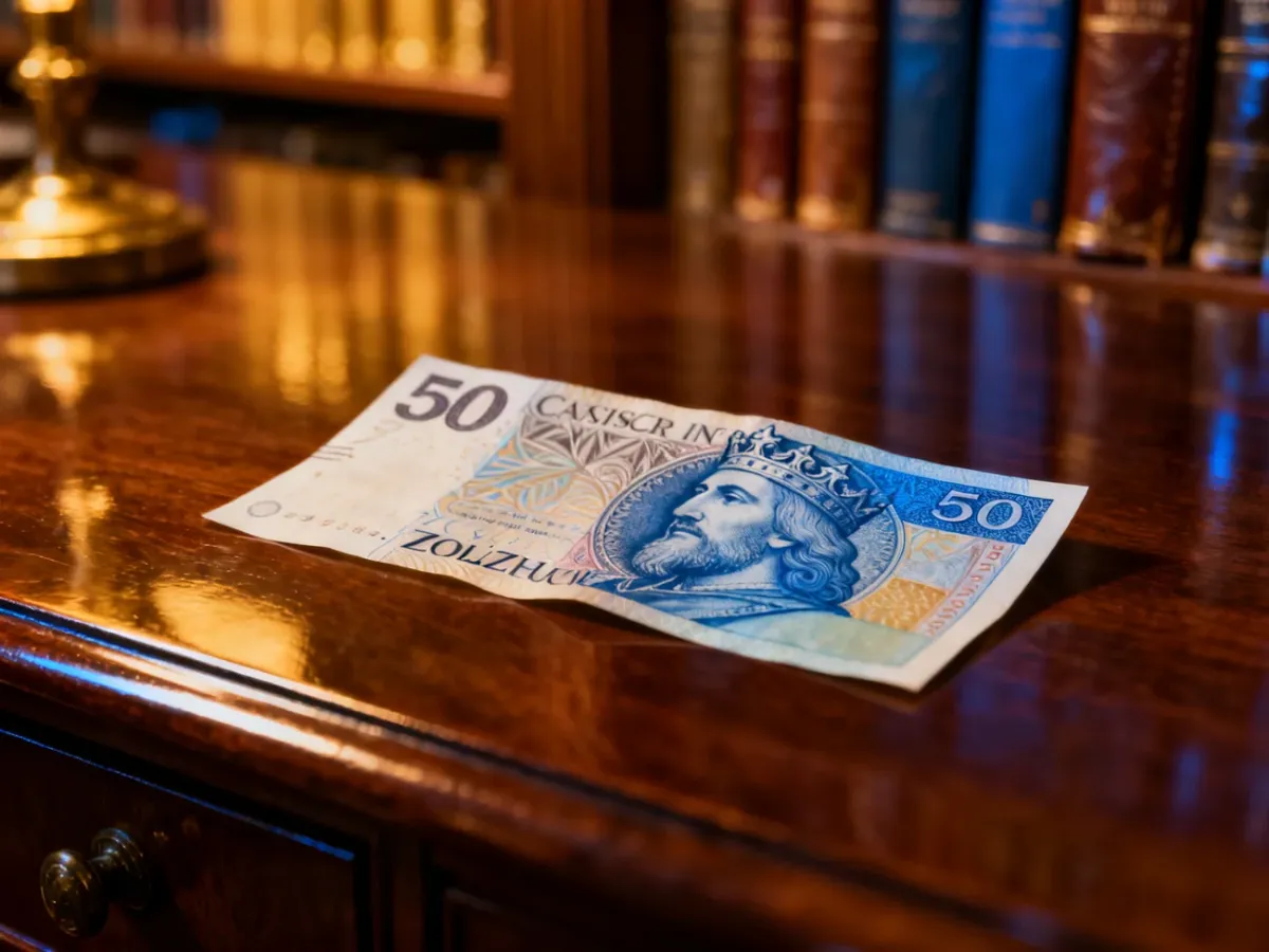 Zbliżenie na banknot 50 zł z wizerunkiem króla Kazimierza III Wielkiego, leżący na mahoniowym biurku w bibliotece.
