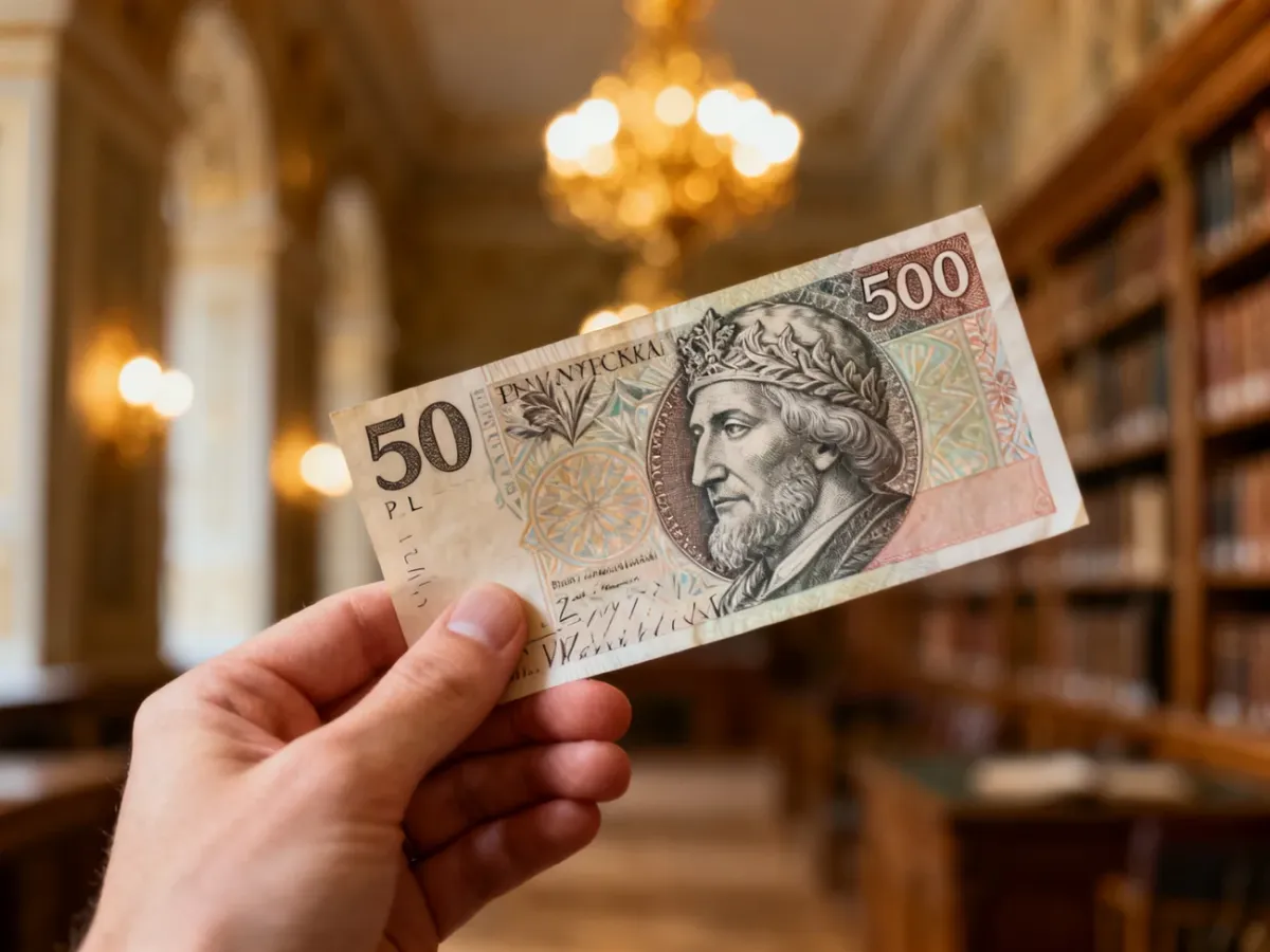 Zbliżenie na banknot 500 zł z wizerunkiem króla Jana III Sobieskiego, trzymany w dłoni na tle stylowej biblioteki.