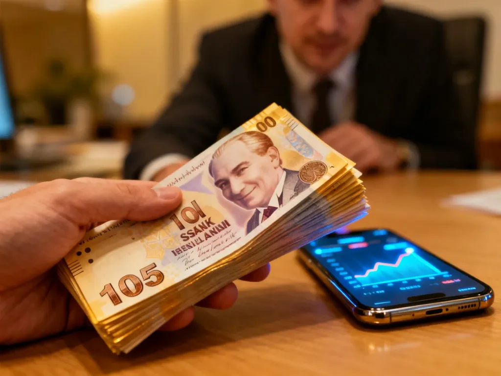 Mężczyzna trzymający w dłoniach plik banknotów liry tureckiej na tle aplikacji z wykresem kursów walut.