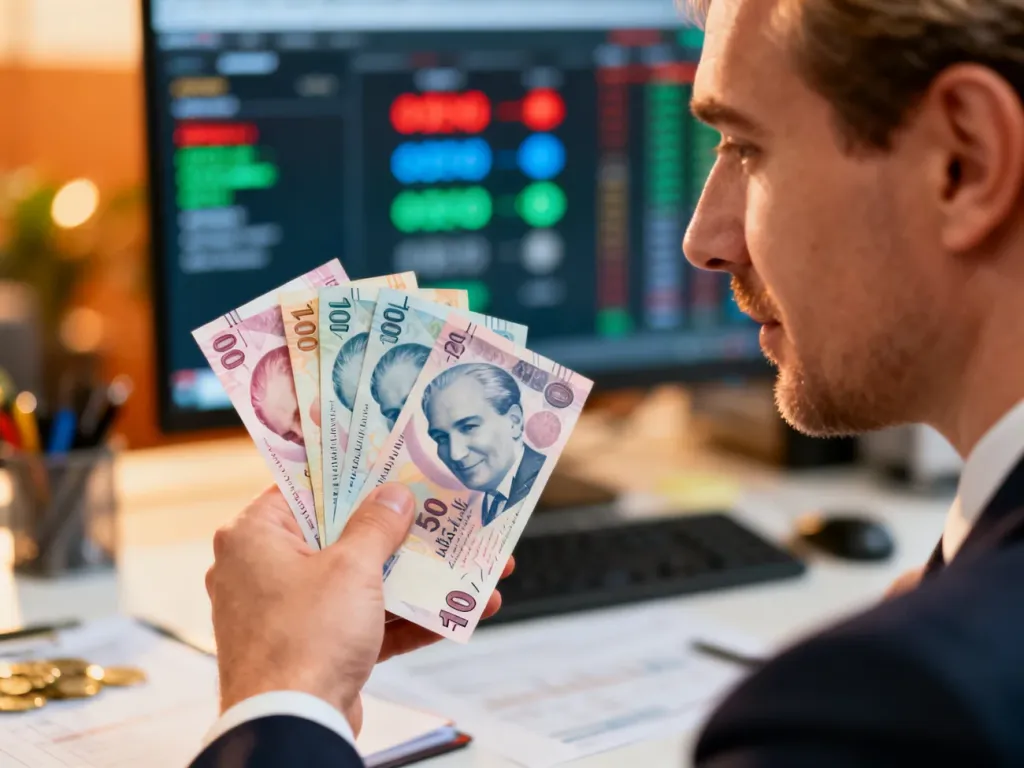 Mężczyzna trzymający w dłoni banknoty liry tureckiej na tle biurowego stanowiska z przelicznikiem walut.