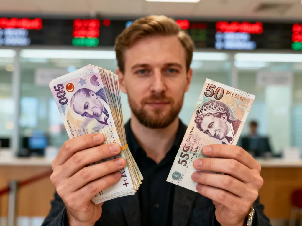 Mężczyzna trzymający w dłoniach banknot 500 zł oraz plik lir tureckich na tle kantoru walut.