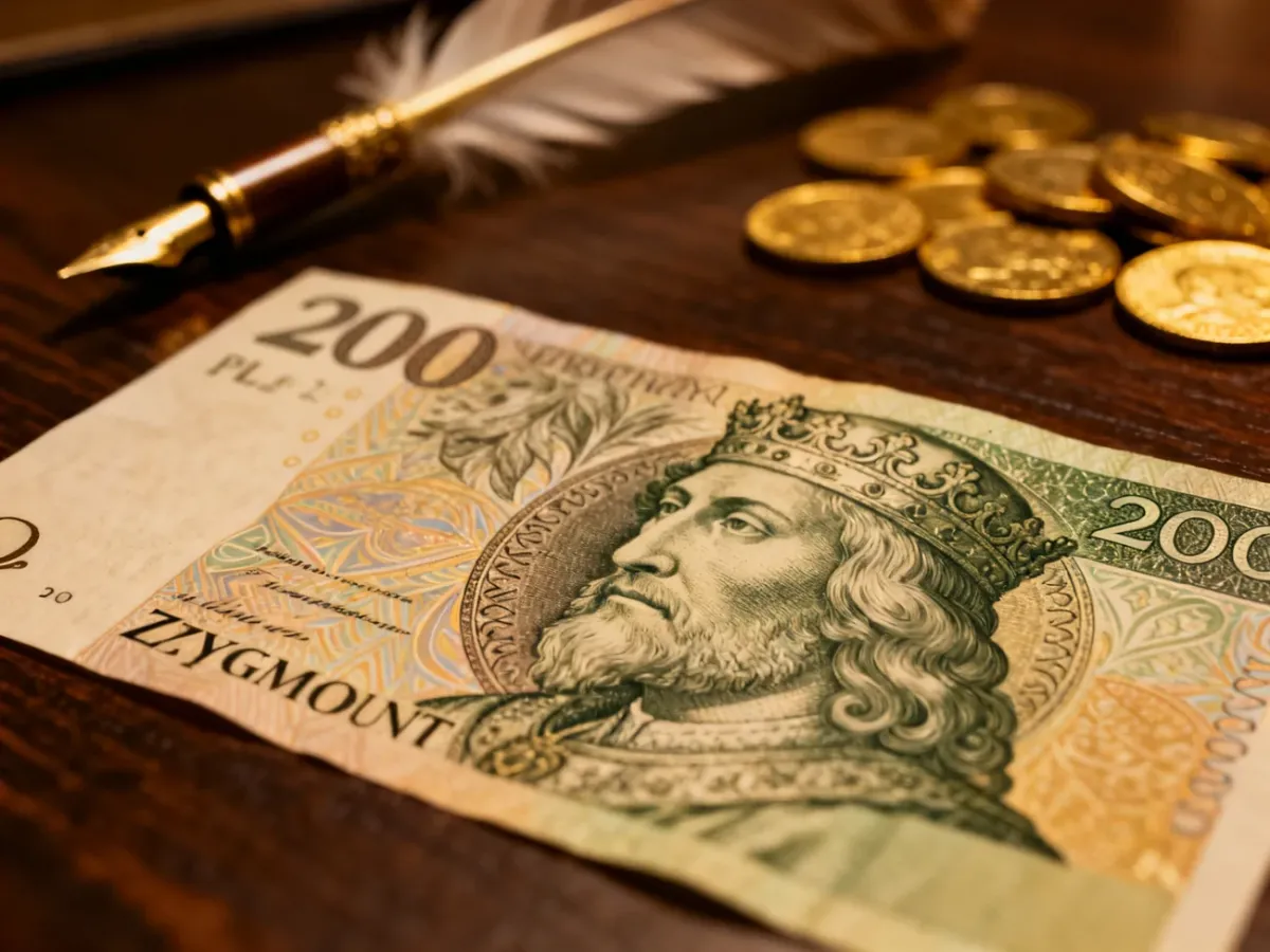 Zbliżenie na wizerunek króla Zygmunta I Starego na banknocie 200 zł, wyeksponowane w historycznej aranżacji.