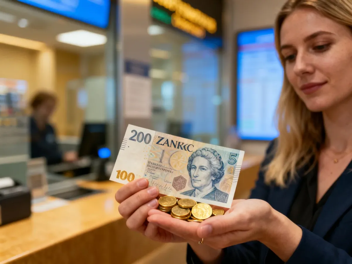 Kobieta trzymająca w dłoniach czeskie korony w formie banknotów i monet na tle kantoru.