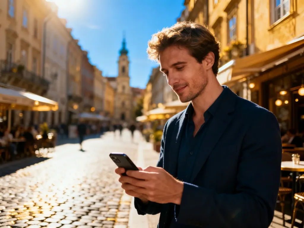 Mężczyzna korzystający ze smartfona na tle europejskiej ulicy, symbolizujący wygodę płatności mobilnych BLIK za granicą.