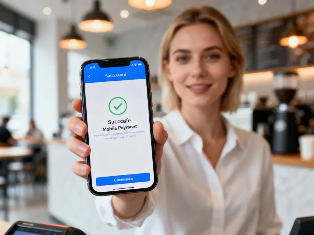 Kobieta trzymająca smartfon z potwierdzeniem płatności mobilnej w nowoczesnej kawiarni.