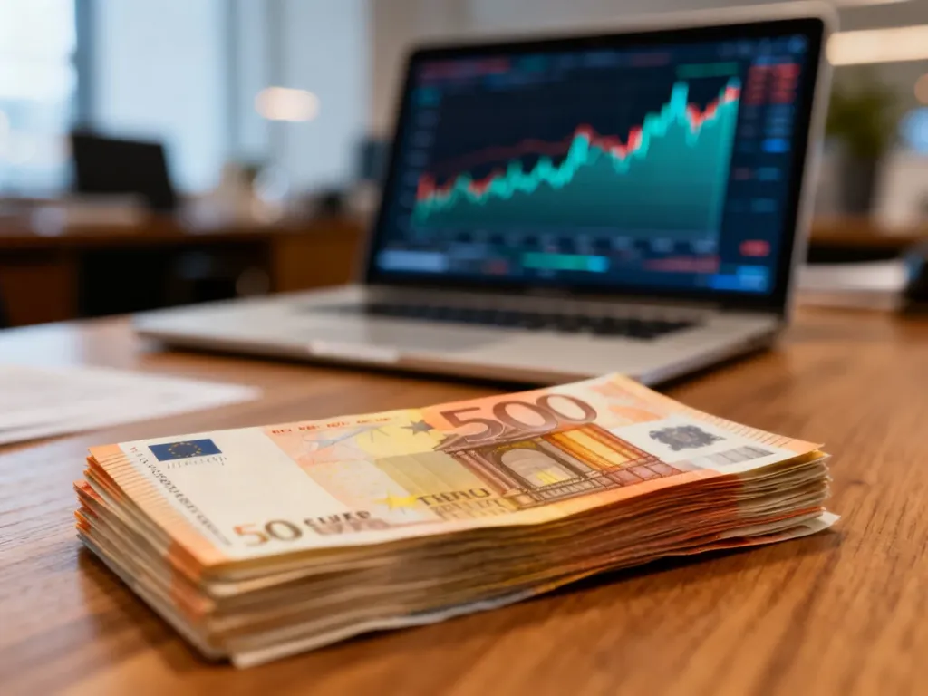 Stos banknotów euro na biurku obok laptopa z wykresem finansowym, symbolizujący przeliczanie walut i inwestycje.