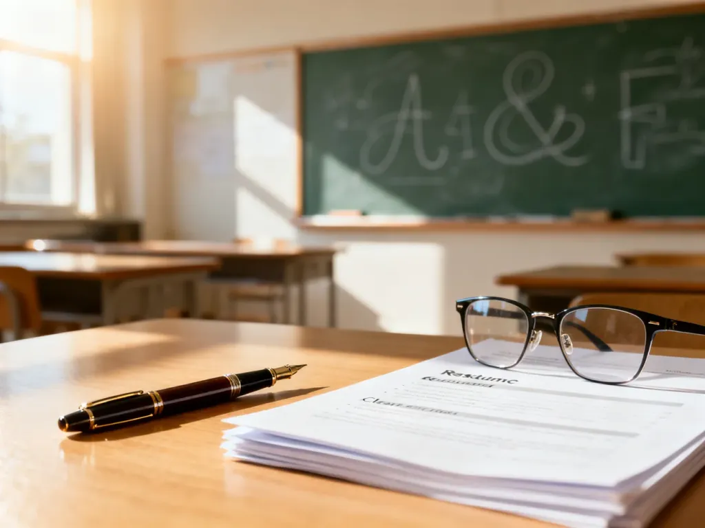 Profesjonalne biurko z dokumentami CV, piórem i okularami na tle rozmytej klasy, symbolizujące przygotowanie do pracy nauczyciela.