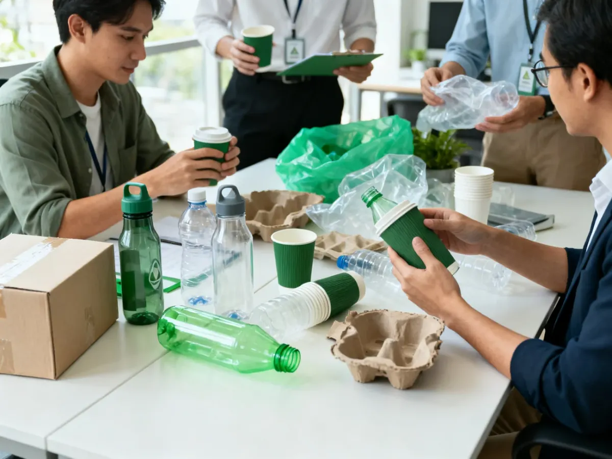 Zespół pracowników analizujący źródła plastikowych odpadów w biurze