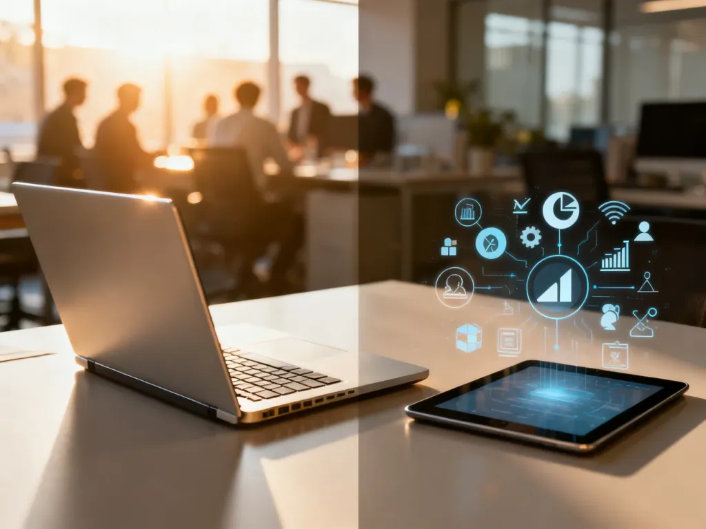 Zestawienie laptopa i tabletu z ikonami marketingu, symbolizujące wybór między własnym działem PR a zewnętrzną agencją.