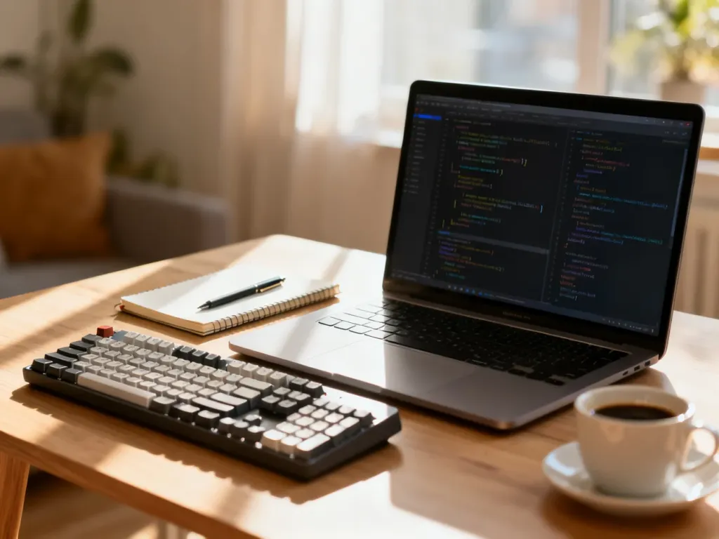 Nowoczesne stanowisko pracy programisty z laptopem, notatnikiem i kawą, sprzyjające produktywności.