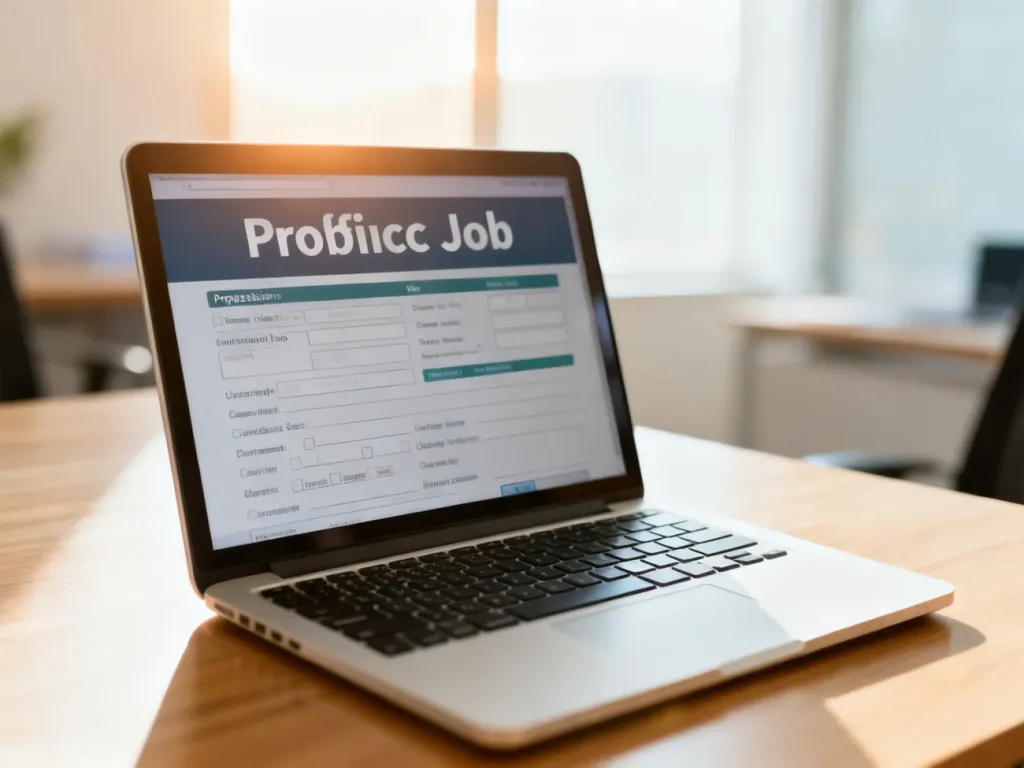Otwarty laptop z formularzem aplikacyjnym na drewnianym biurku w jasnym, profesjonalnym biurze.