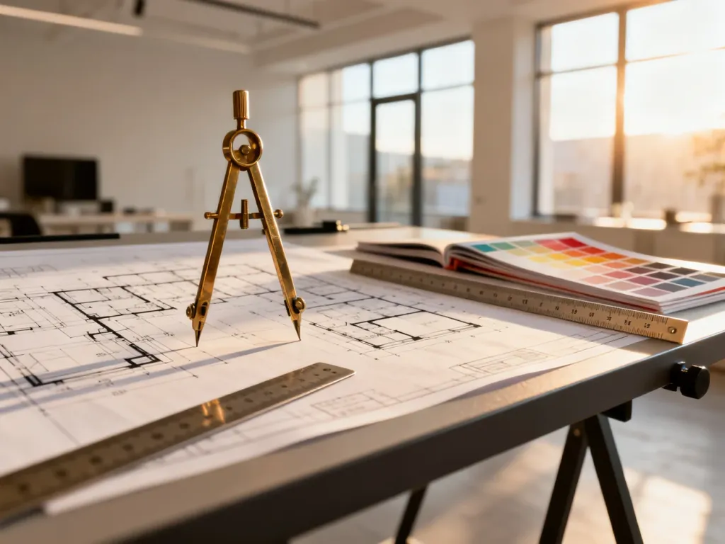 Profesjonalne stanowisko pracy architekta wnętrz z planami, przyborami kreślarskimi i próbkami kolorów w słonecznym studiu.