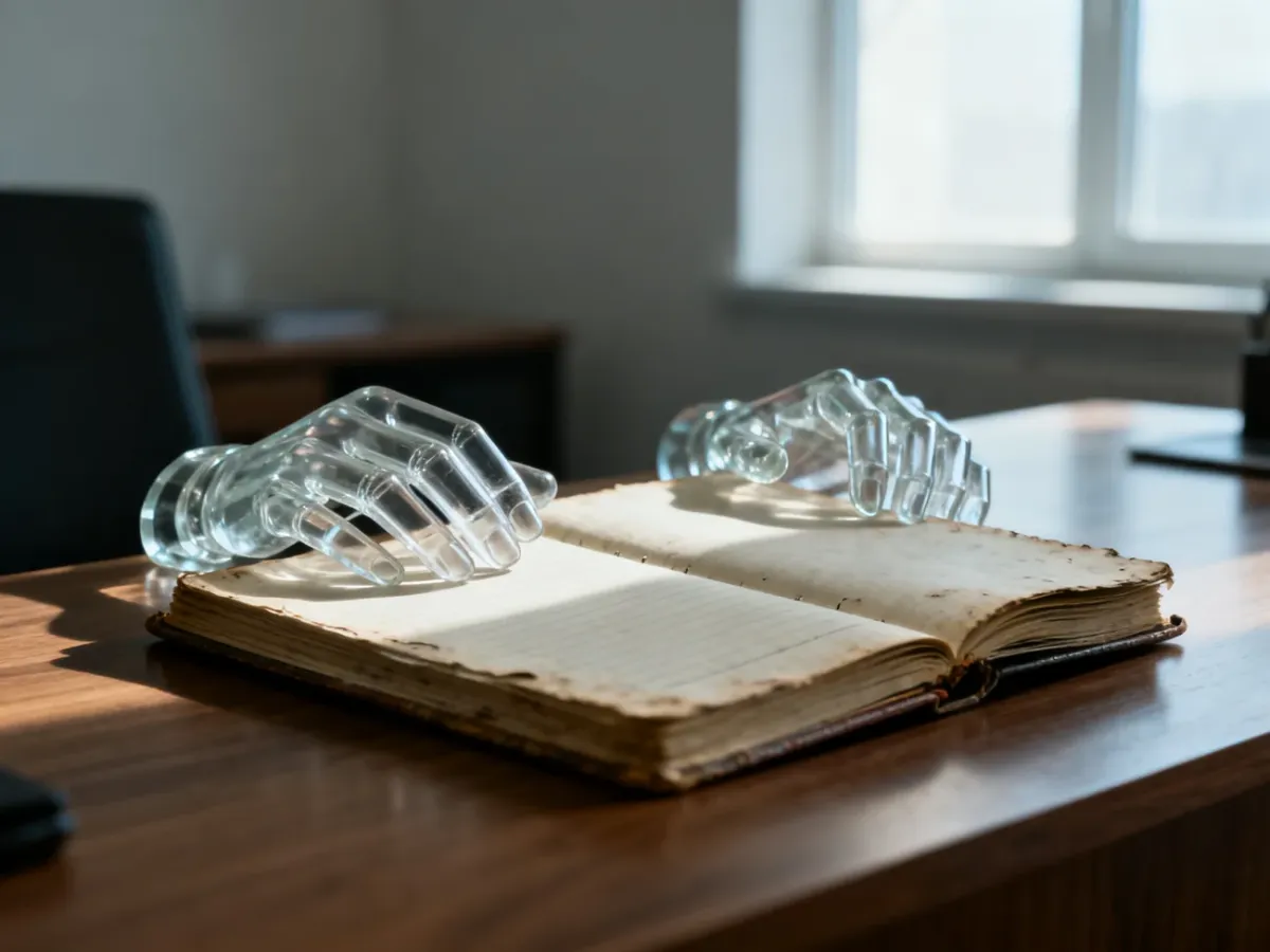Szklane dłonie trzymające pustą księgę na biurku, symbolizujące pracę bez wynagrodzenia w minimalistycznym biurze.