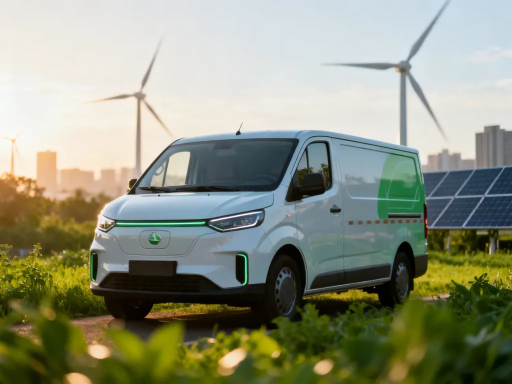 Nowoczesny elektryczny samochód dostawczy w zielonym otoczeniu, symbolizujący ekologiczną logistykę i odnawialną energię.
