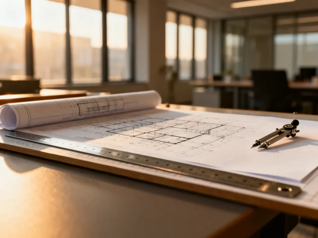 Profesjonalne stanowisko pracy architekta z planami budowlanymi, przyborami kreślarskimi i słonecznym wnętrzem biura.