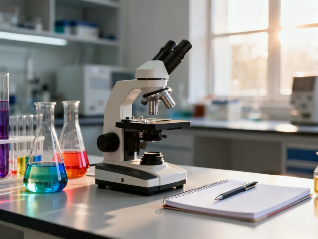 Profesjonalne stanowisko pracy w laboratorium z mikroskopem i próbkami, podkreślające naukowe środowisko pracy.