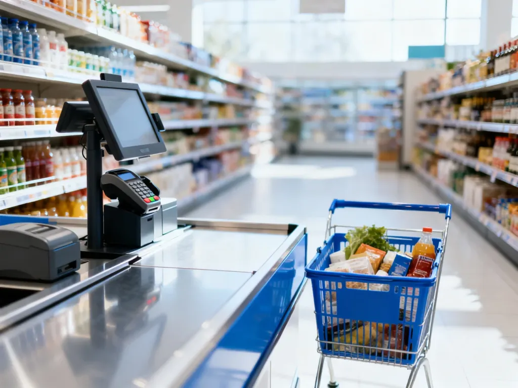 Nowoczesne stanowisko kasowe w supermarkecie z terminalem płatniczym i koszykiem pełnym produktów.
