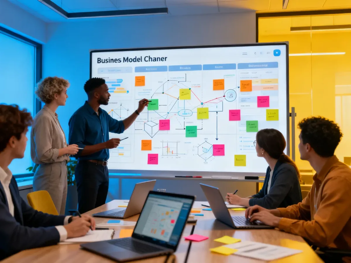 Zespół podczas wspólnej pracy nad cyfrowym Business Model Canvas