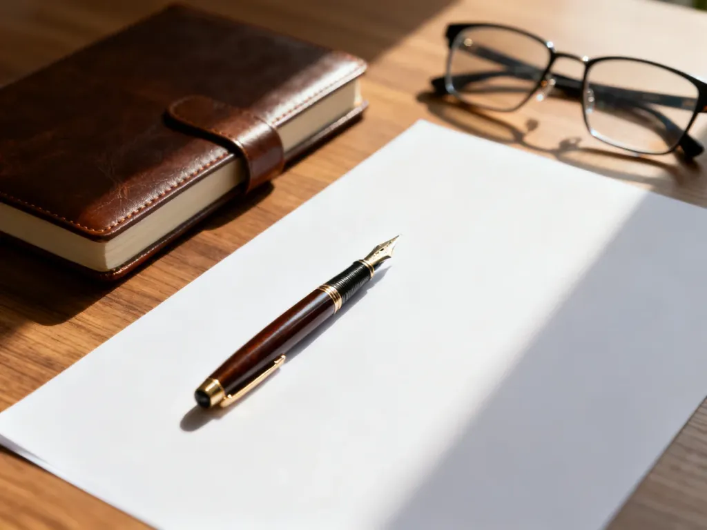 Eleganckie biurko z piórem, czystą kartką papieru i notatnikiem, przygotowane do napisania profesjonalnego listu motywacyjnego.
