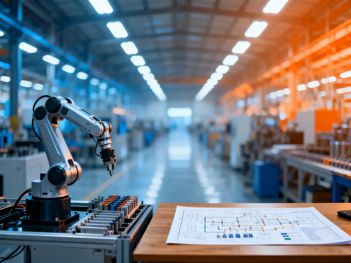 Nowoczesna linia produkcyjna z robotycznym ramieniem oraz plan logistyczny na biurku, symbolizujące wybór modelu produkcji.