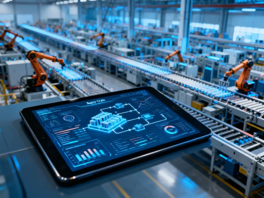 Nowoczesny tablet z danymi produkcyjnymi na tle zautomatyzowanej linii przemysłowej w fabryce.